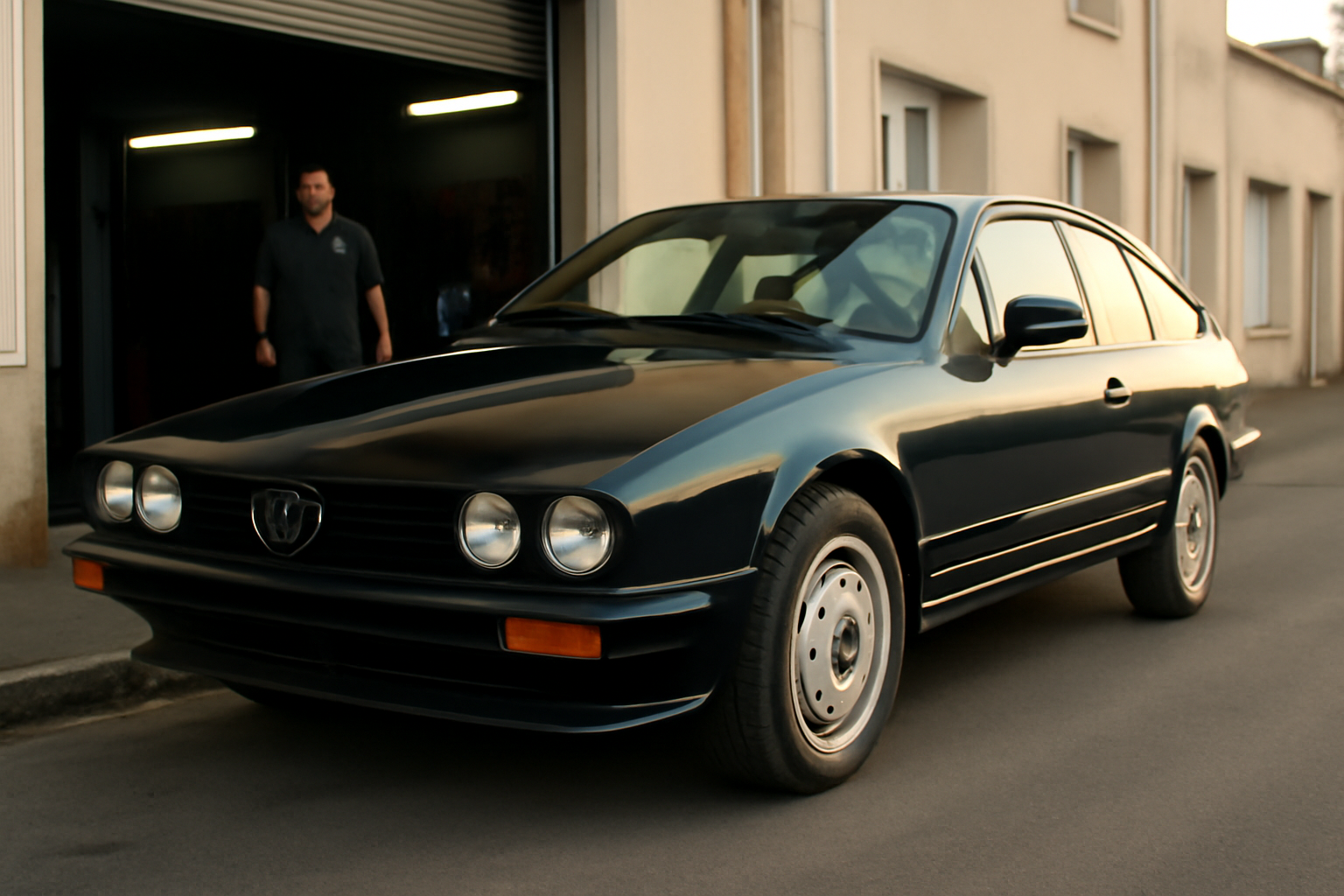 Alfa Romeo GTV d’occasion noire garée devant un atelier, gros plan sur la carrosserie et les roues