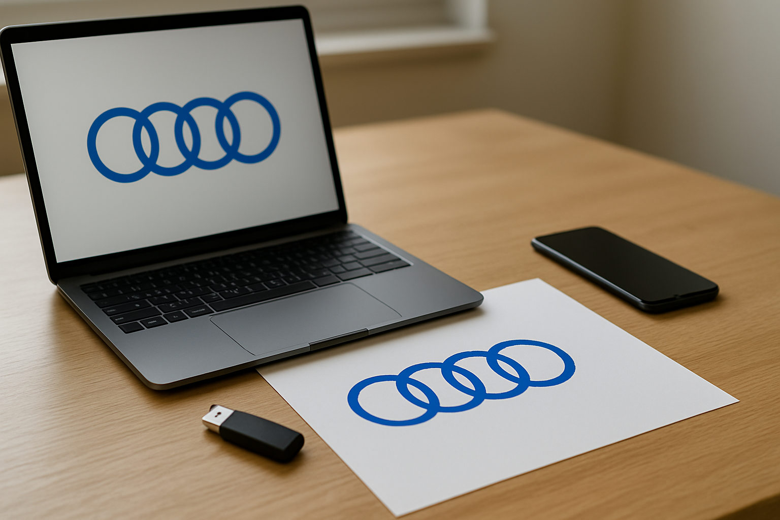 Photo réaliste d’un écran avec un fichier logo Audi en SVG et un fond clair, à côté d’une feuille de maquette