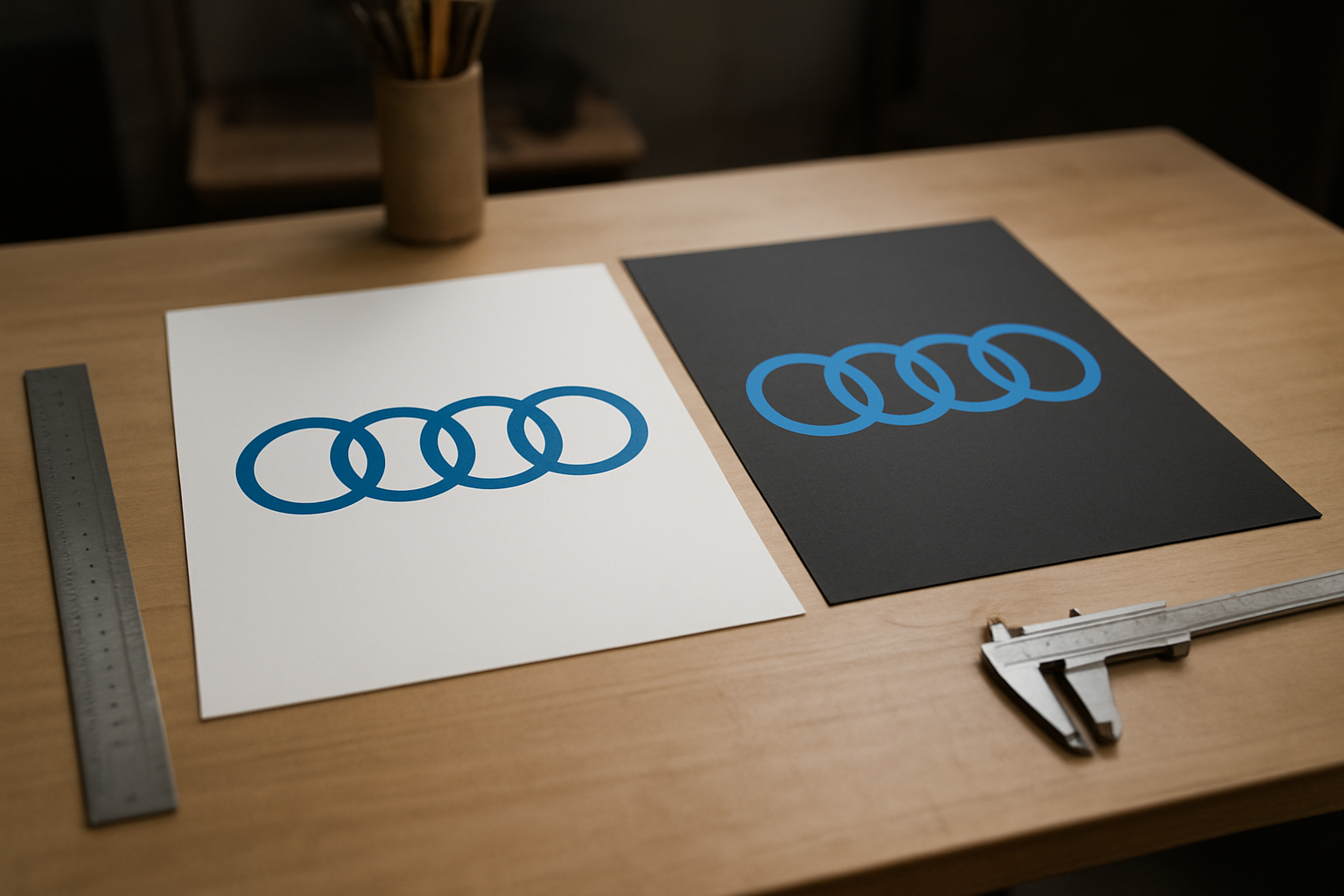 Photo réaliste d’une affiche imprimée testant le logo Audi en bleu sur fond clair et fond sombre