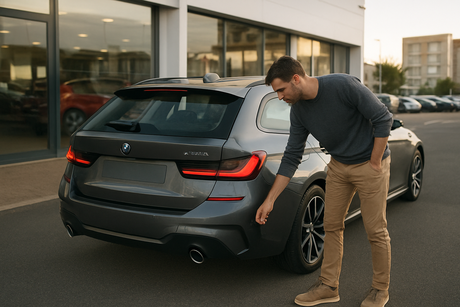 BMW Série 3 Touring garée devant un concessionnaire en France, lumière de fin d’après-midi