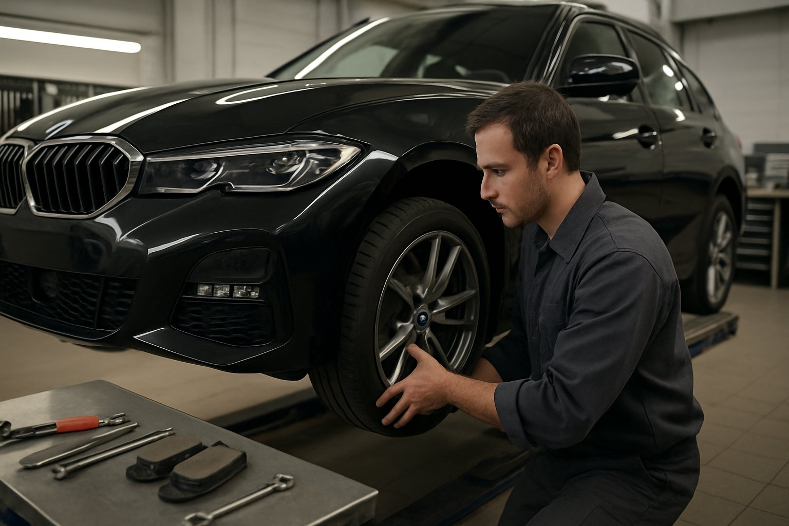 Contrôle de pneus et freins sur une BMW Série 3 Touring en inspection d’occasion