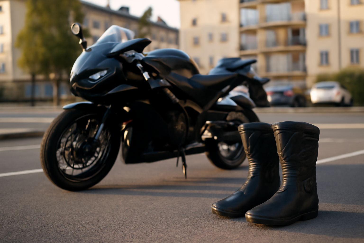 Bottes moto homologuées posées près d’une moto sur un parking au soleil