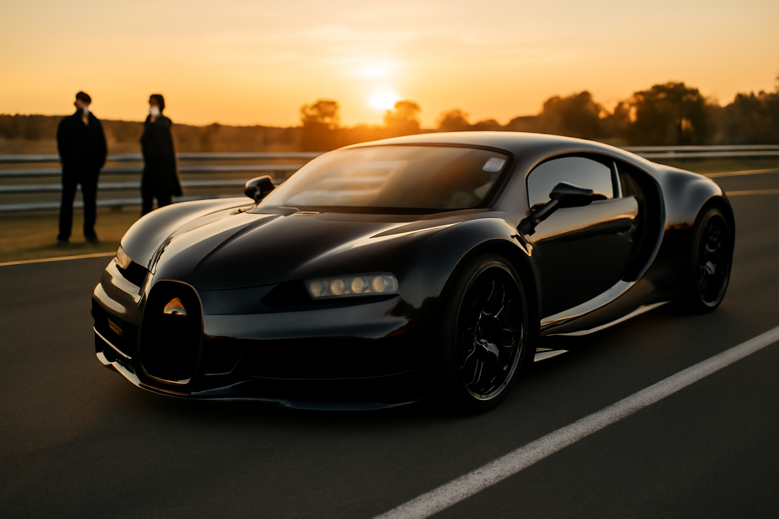 Bugatti Chiron prix : hypercar noire brillante sur piste au coucher du soleil