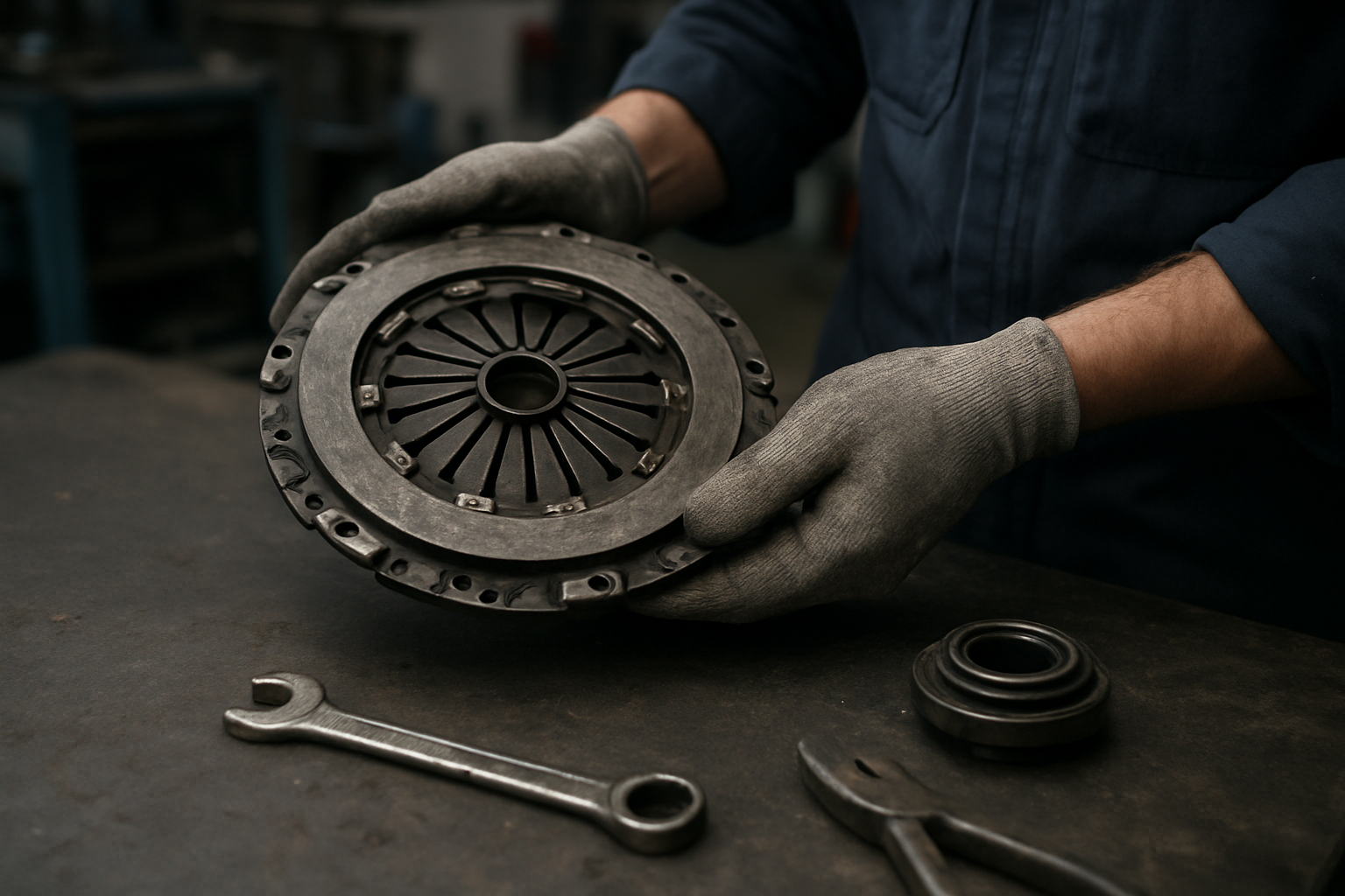 Butée d’embrayage et mécanisme visibles lors d’une dépose d’embrayage, atelier automobile, éclairage naturel