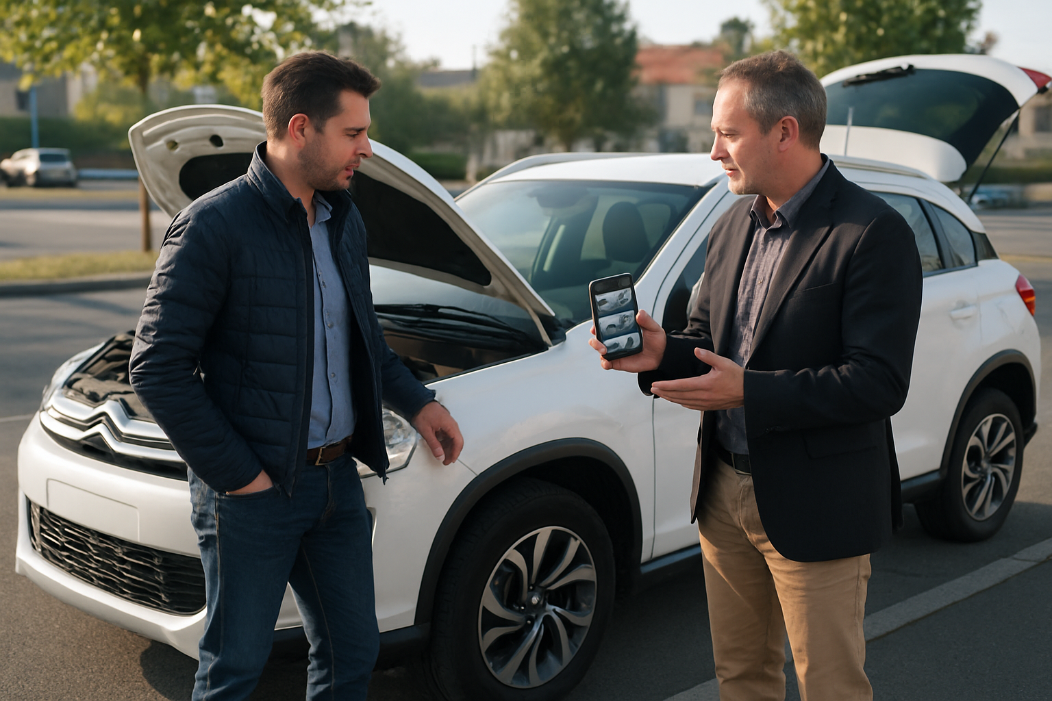 Citroën C4 Aircross d’occasion inspectée sur un parking, lumière du matin