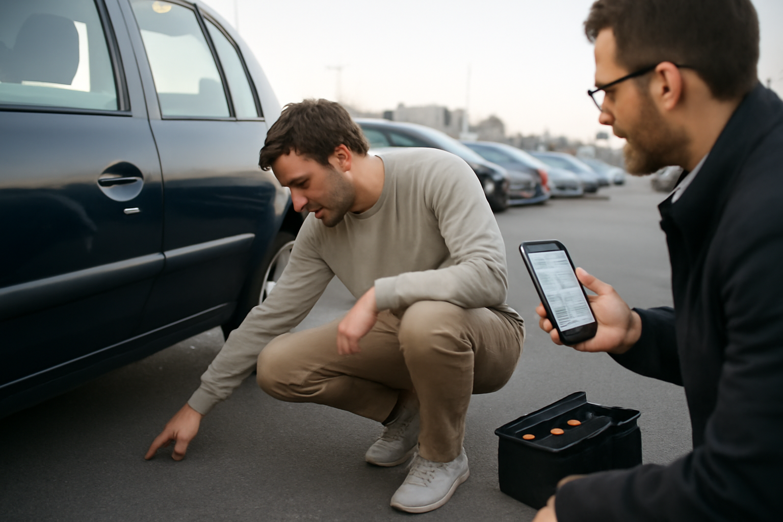 Renault Clio 2 Campus d’occasion inspectée sur un parking, lumière du matin, acheteur vérifiant le bas de caisse