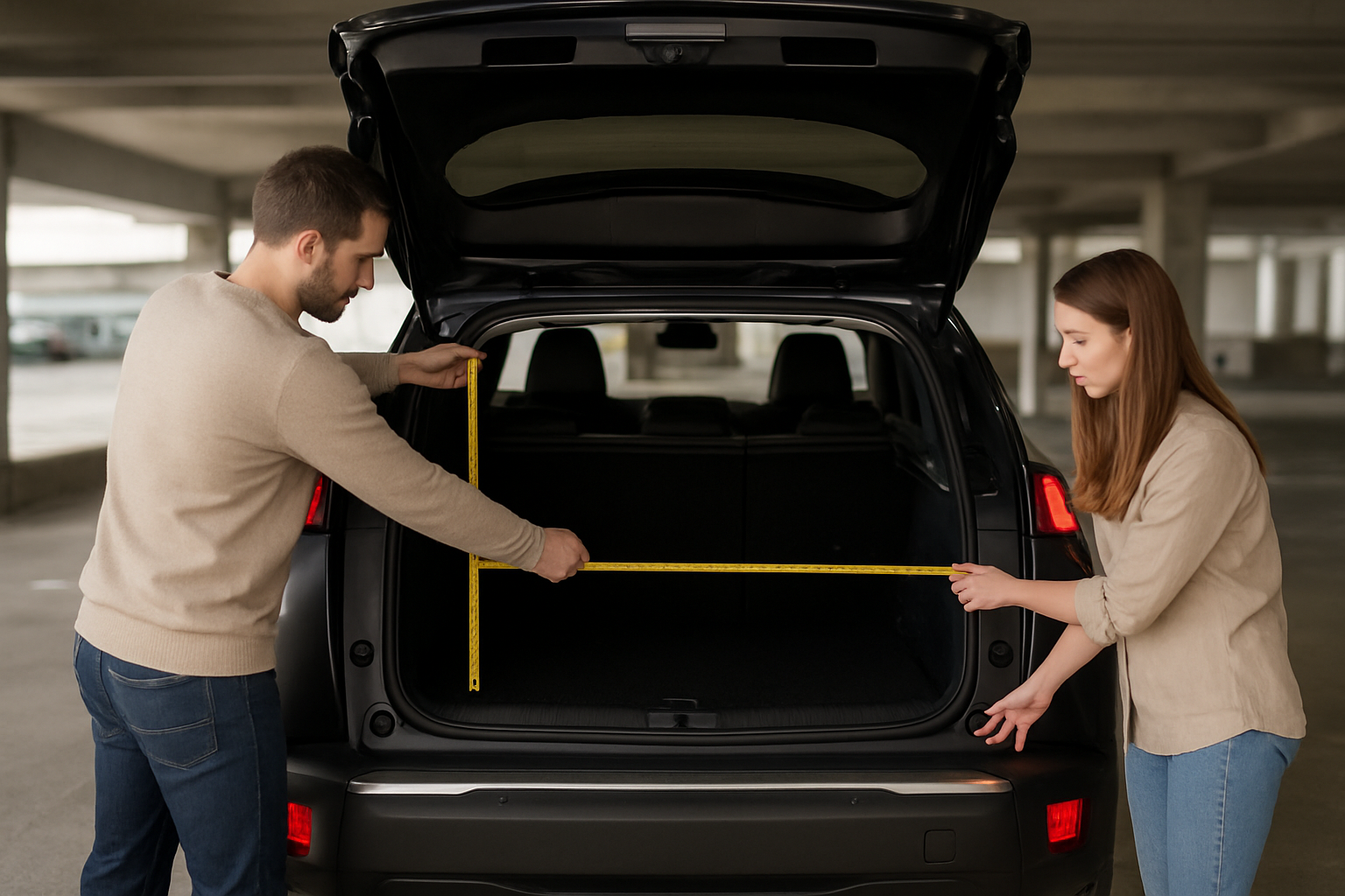 Mesure du coffre d’une Peugeot 2008 phase 2 avec mètre ruban sur le plancher et le haut de l’ouverture