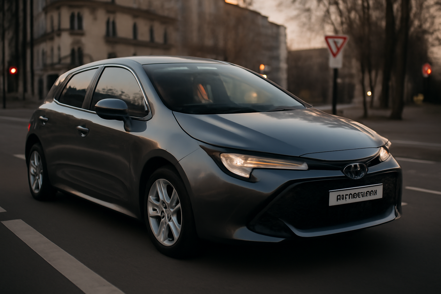 Toyota Corolla hybride sur route urbaine au crépuscule, vue trois-quarts avant, conducteur au volant, lumière naturelle