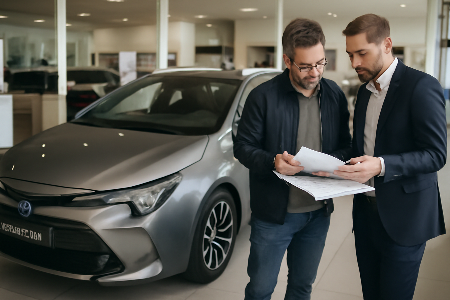 Véhicule Toyota Corolla hybride en concession, personne examinant le dossier d’entretien et la fiche technique