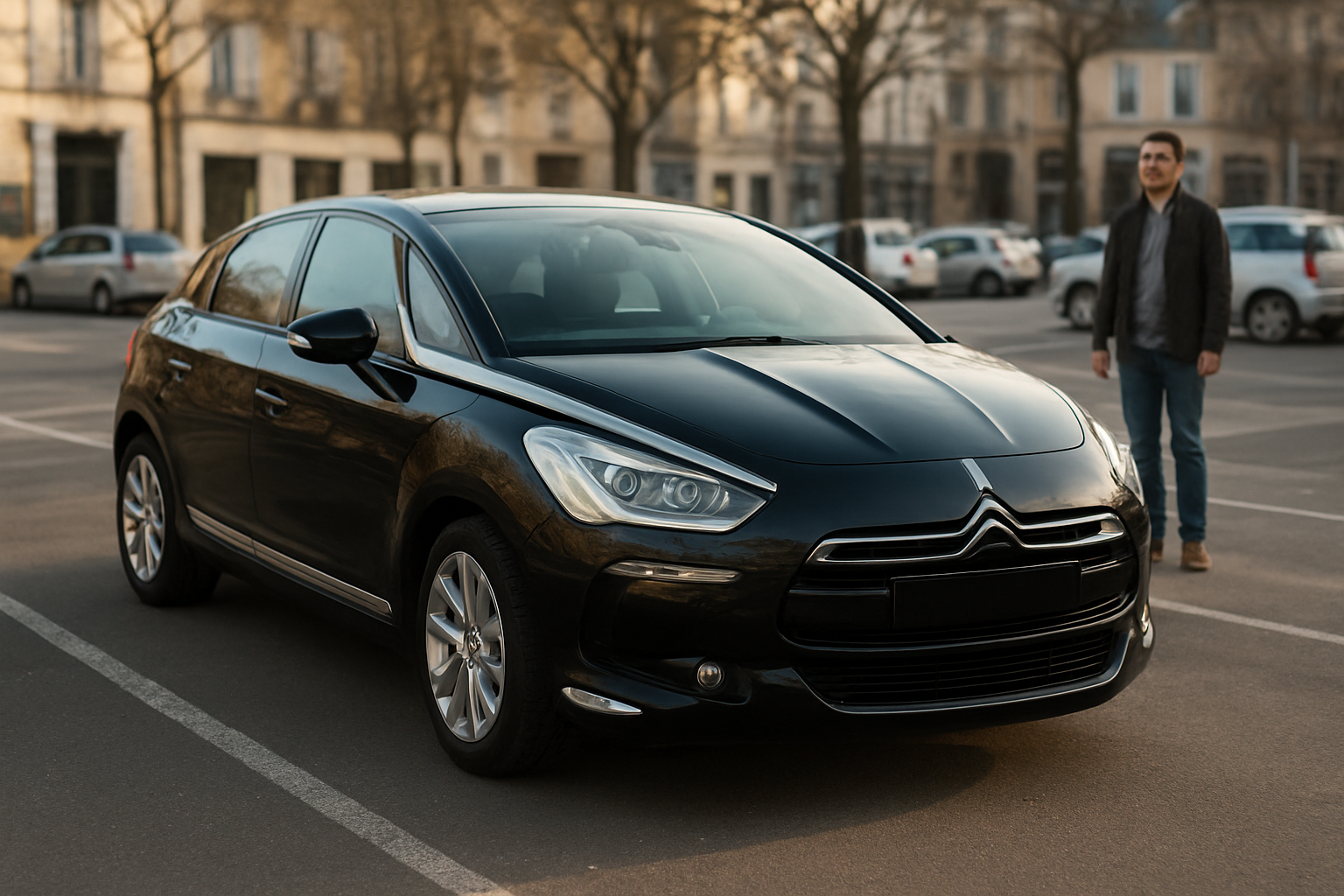 Citroën DS 5 en extérieur, vue avant trois-quarts sur parking au soleil