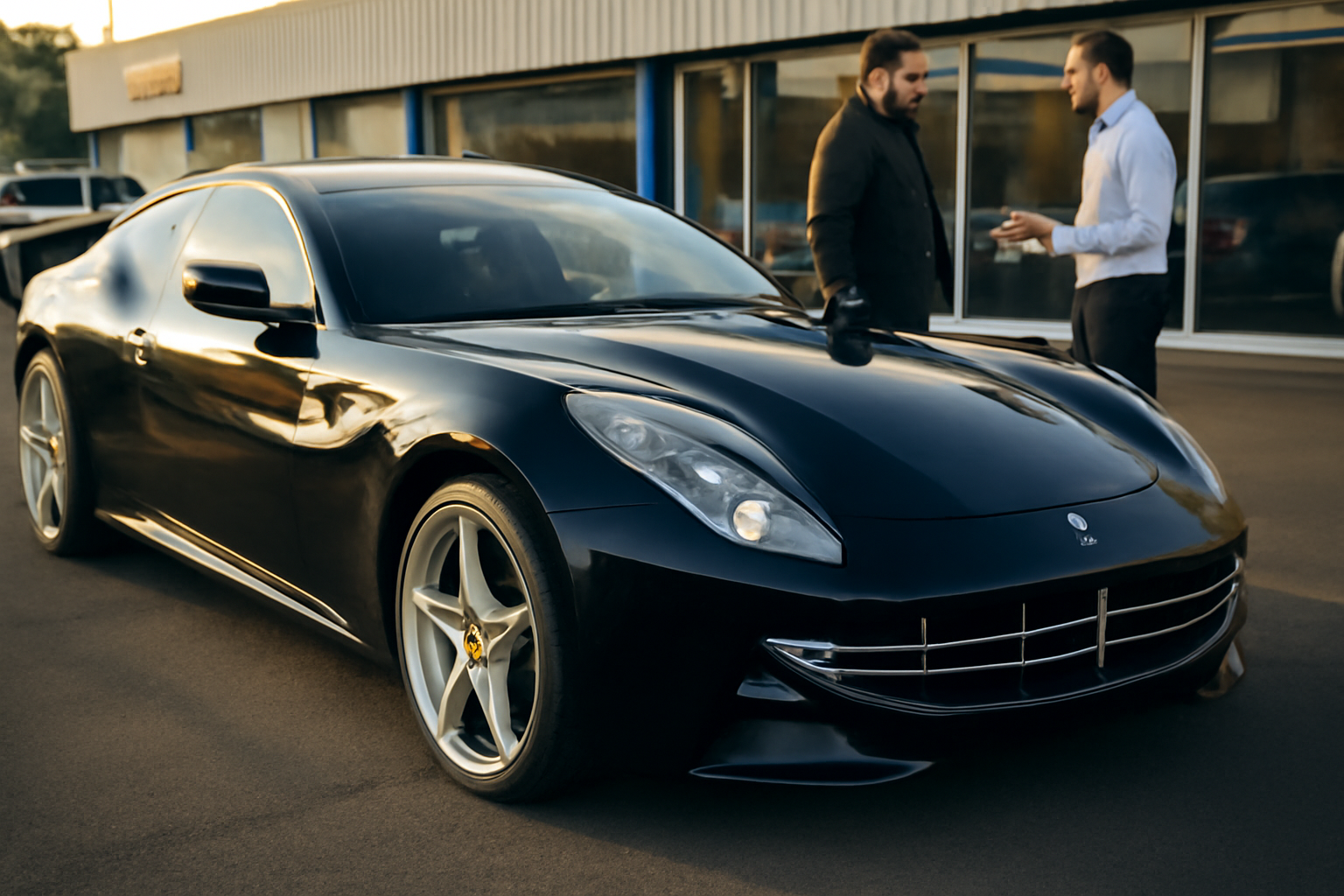 Ferrari FF d’occasion noire en vente, acheteur et vendeur devant la voiture, lumière de fin d’après-midi