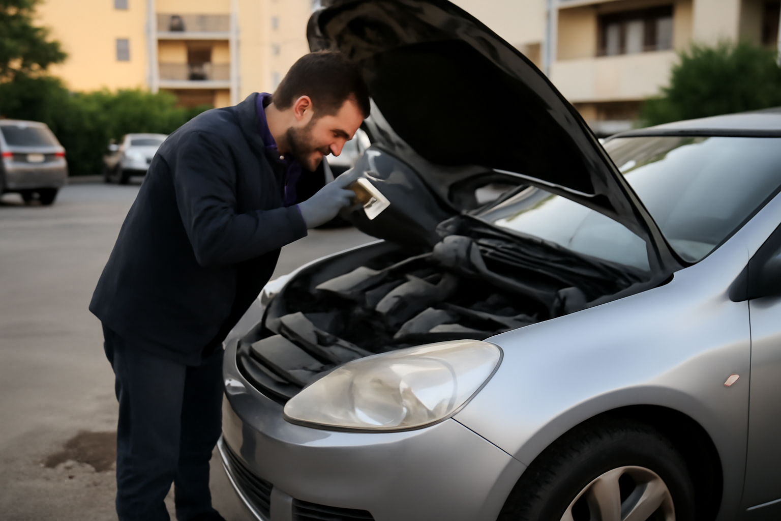 fuite liquide de refroidissement : traces humides sous le véhicule après inspection à froid