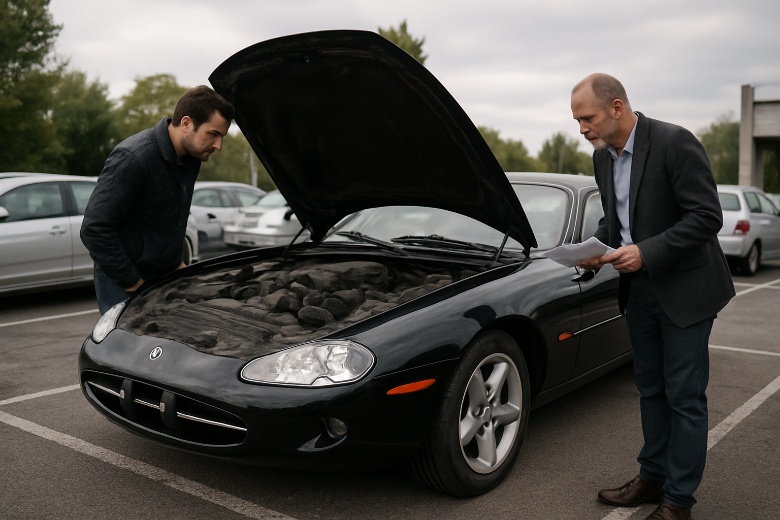 Jaguar XK8 d’occasion inspectée sur place : capot ouvert et contrôle visuel du compartiment moteur