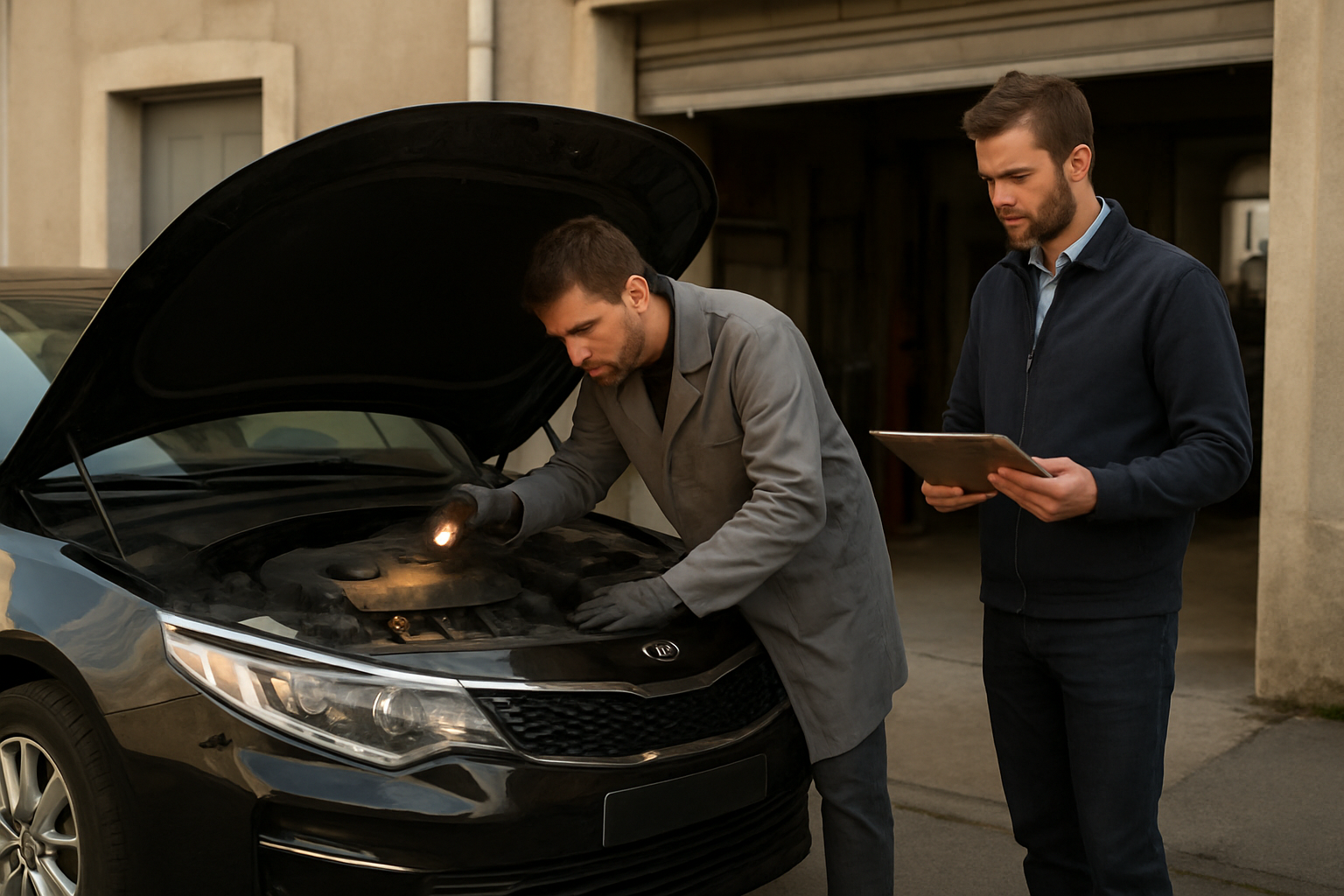 Kia Optima en atelier, inspection avant achat avec mécanicien et dossier de factures