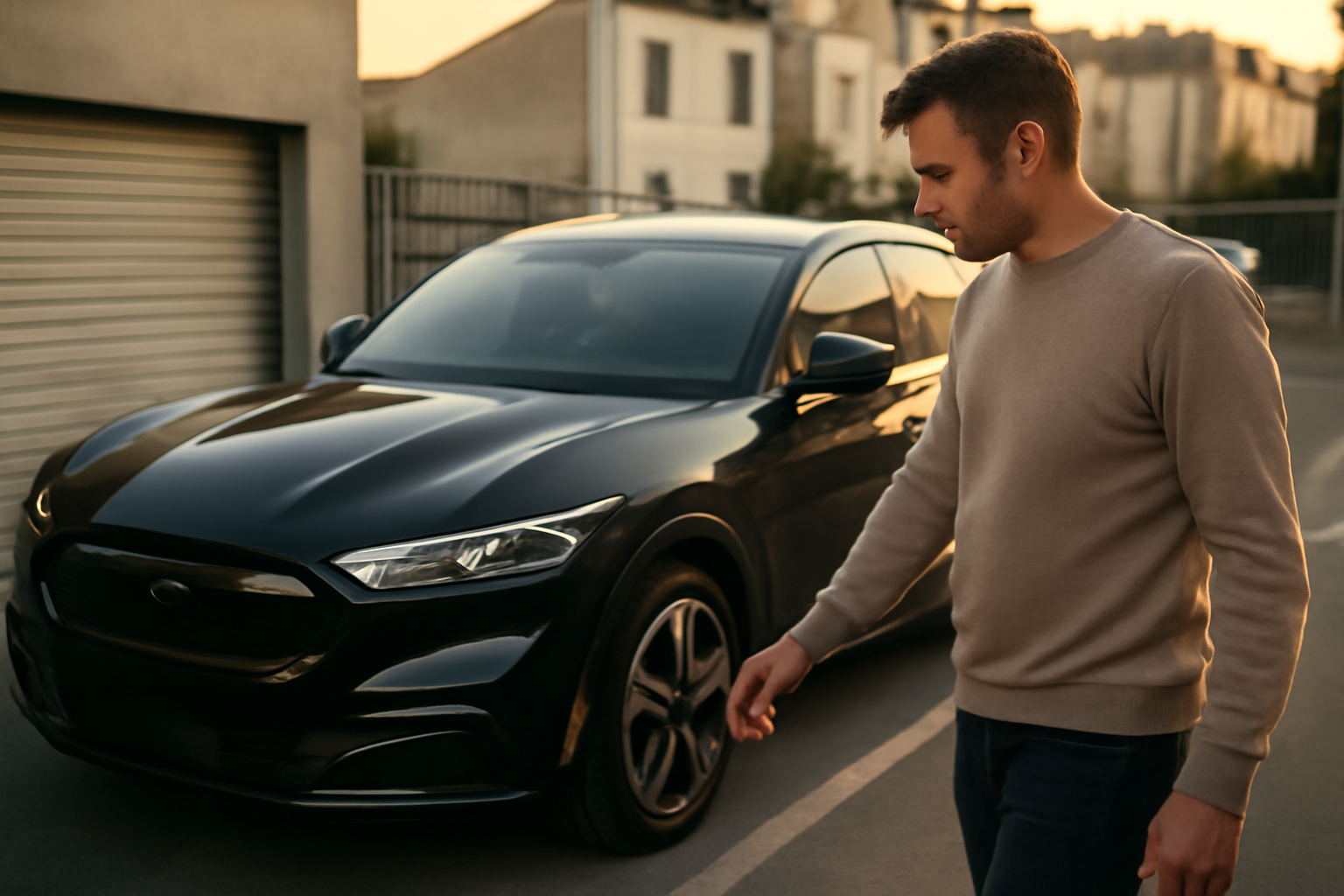 Ford Mustang Mach‑E à l’extérieur d’un garage en France, lumière de fin d’après-midi, conducteur prêt à partir