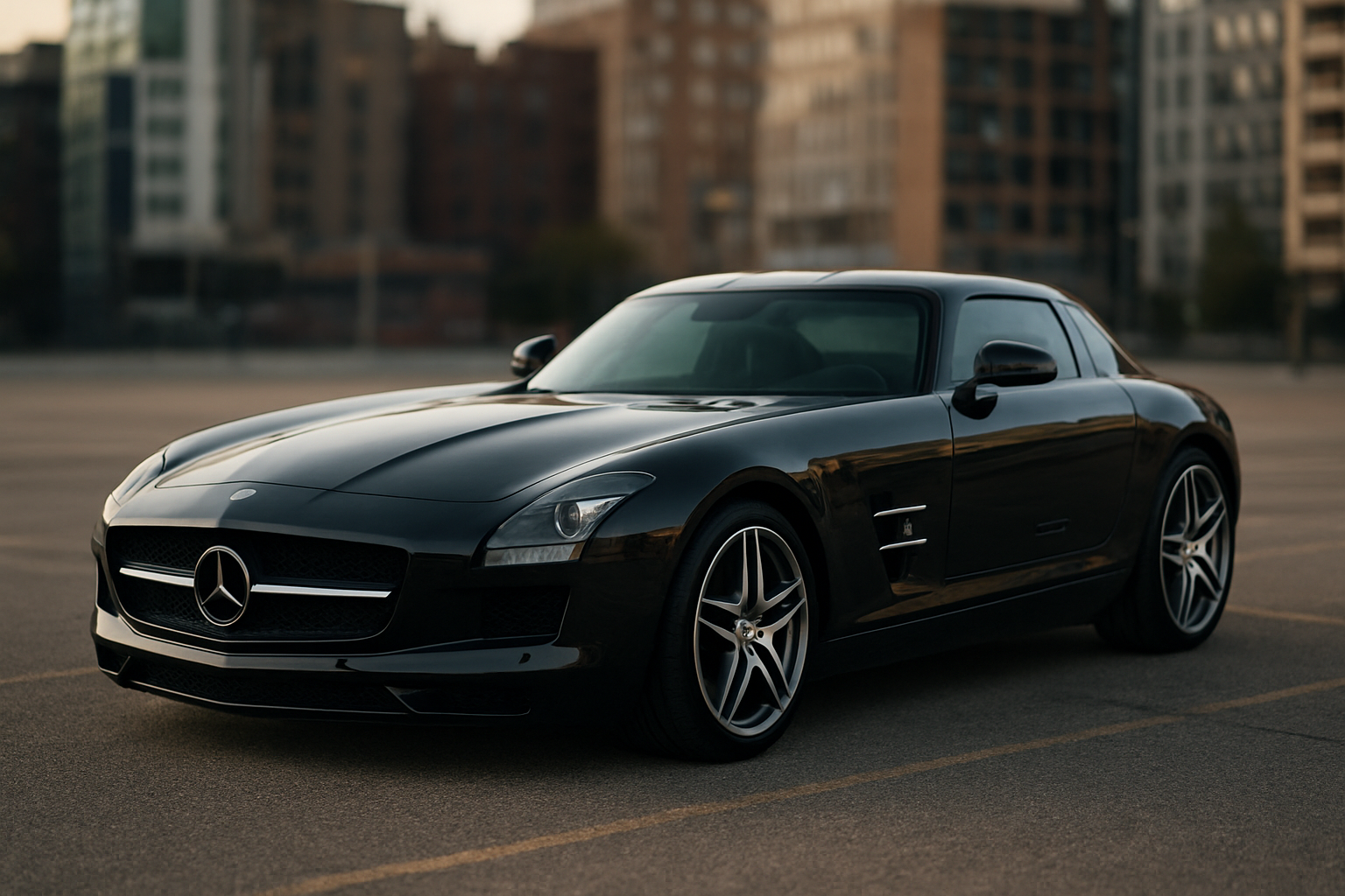 Mercedes SLS AMG en extérieur, vue de trois-quarts avant, lumière de fin d’après-midi