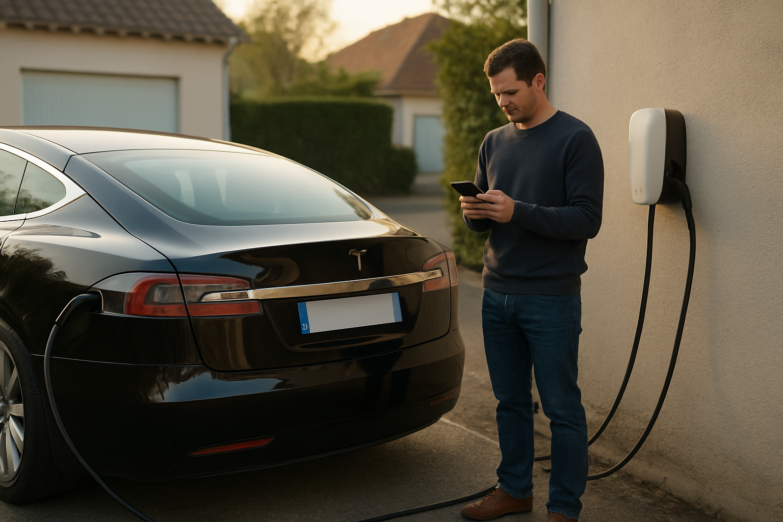 Tesla Model S en charge près d’une maison, câble de recharge visible, lumière de fin d’après-midi