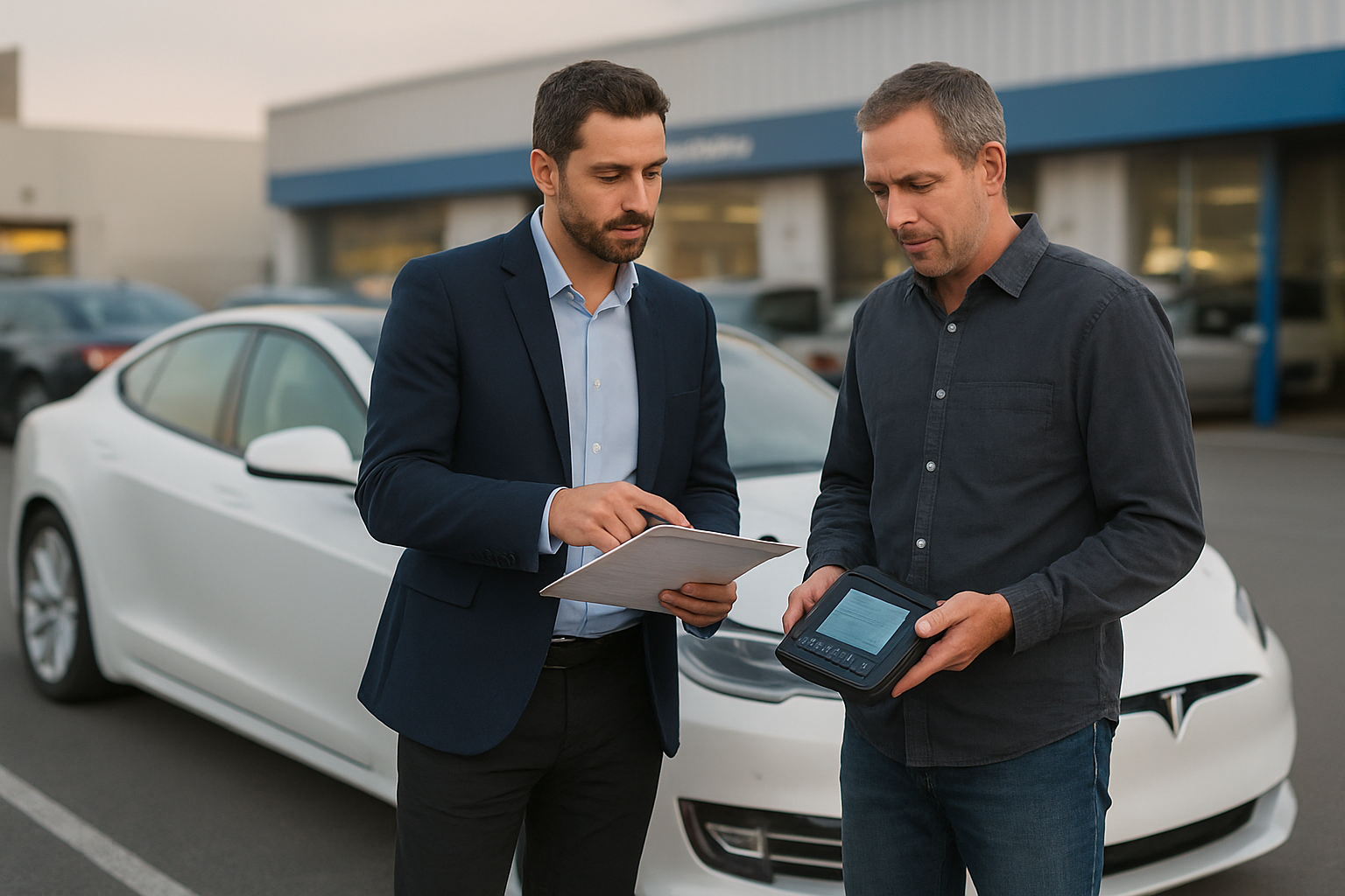 Inspection d’une Tesla Model S d’occasion sur parking, documents de vente et écran de diagnostic visibles