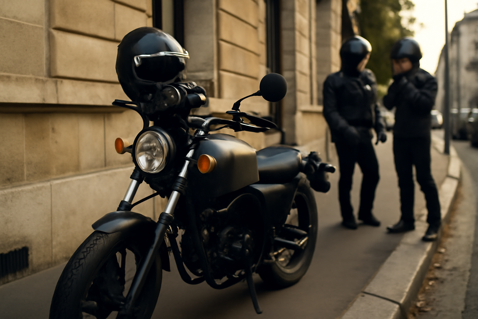 Moto sans permis garée en ville devant un immeuble au soleil, casque et gants sur le guidon