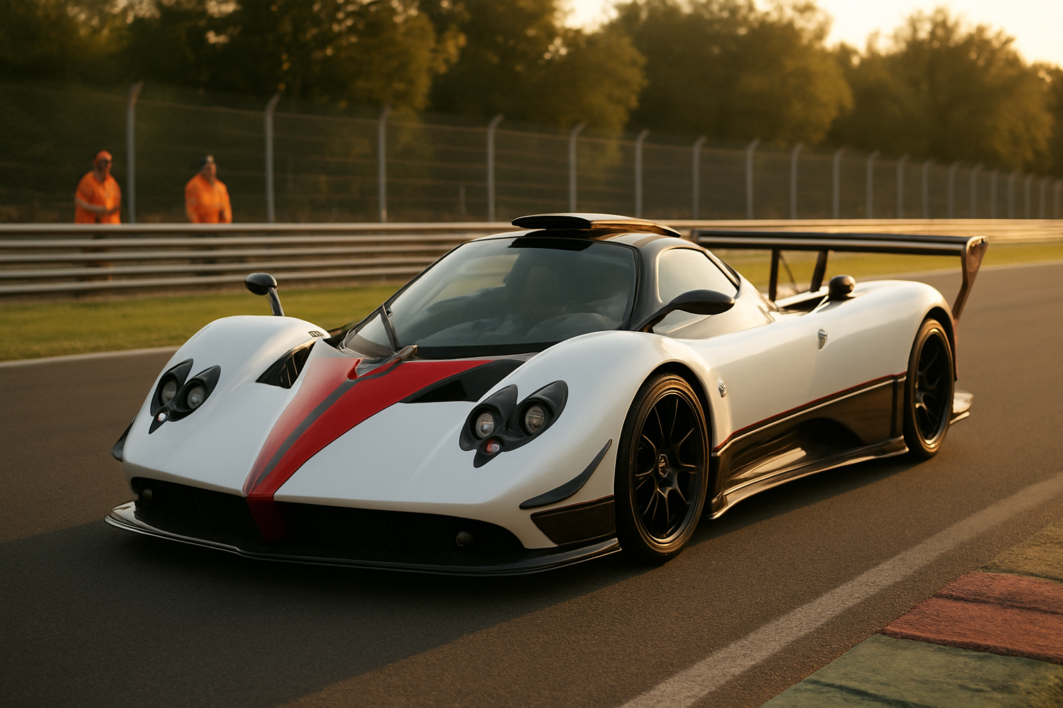 Pagani Zonda R sur circuit, châssis carbone apparent, V12 AMG, appuis aérodynamiques, lumière de fin de journée