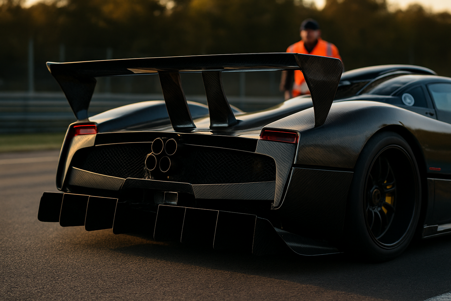 Détail aérodynamique et éléments en carbone d’une Pagani Zonda R sur piste, photoréalisme, lumière naturelle