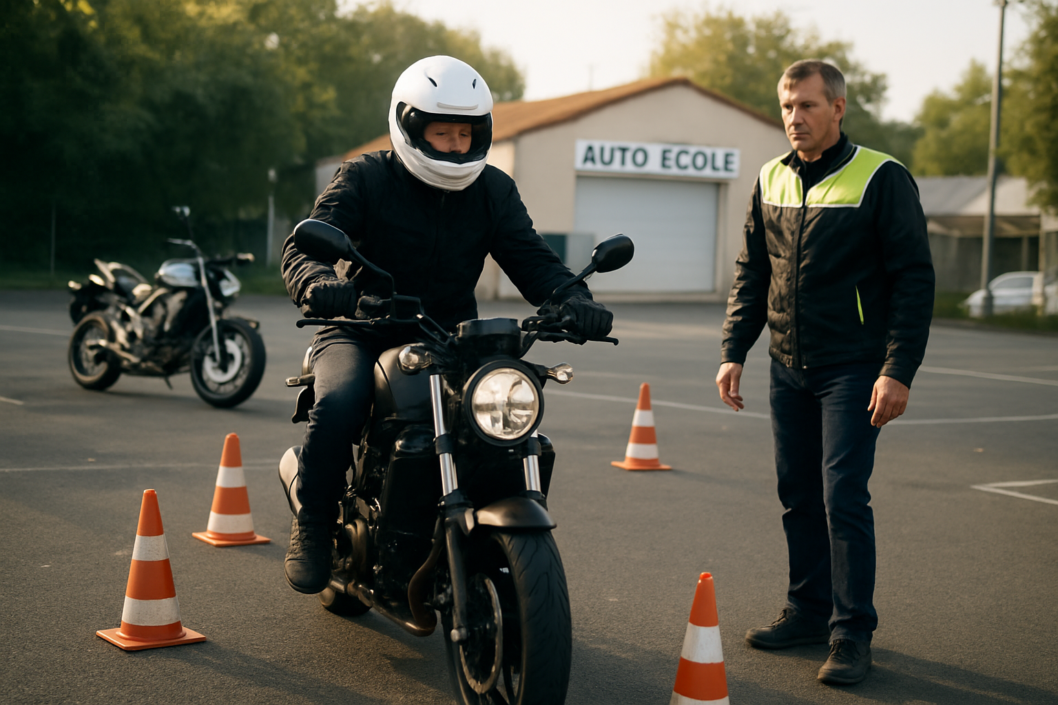 Élève en moto sur le plateau d’examen, moniteur à côté, lumière de matin, auto-école en France