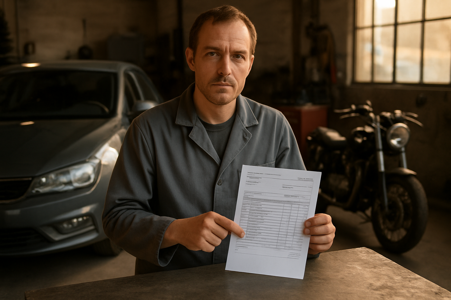Mécanicien présentant un devis détaillé pour une voiture et une moto dans un atelier lumineux