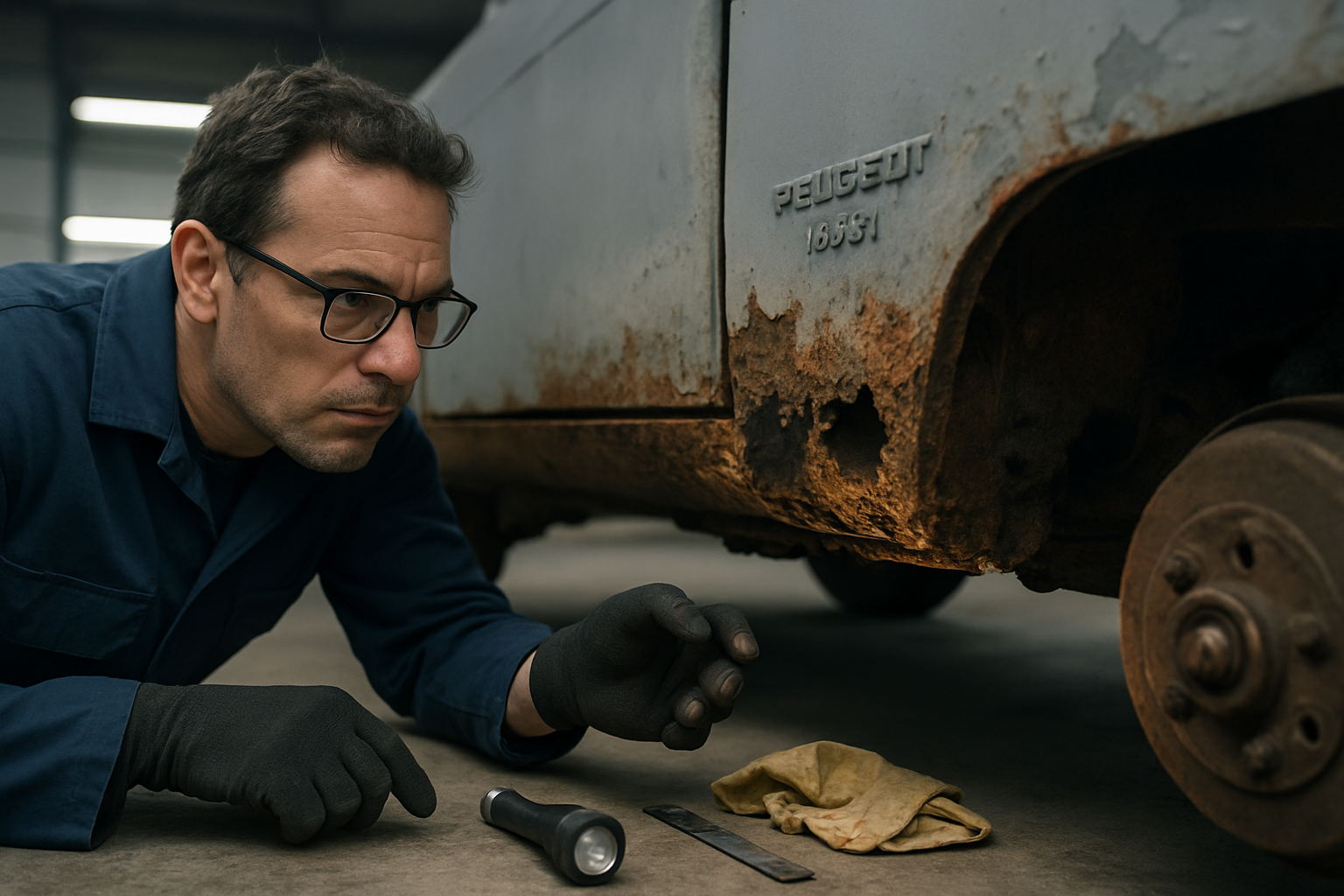 Inspection au sol d’une Peugeot 1351 : contrôle visuel de la corrosion et examen des fixations