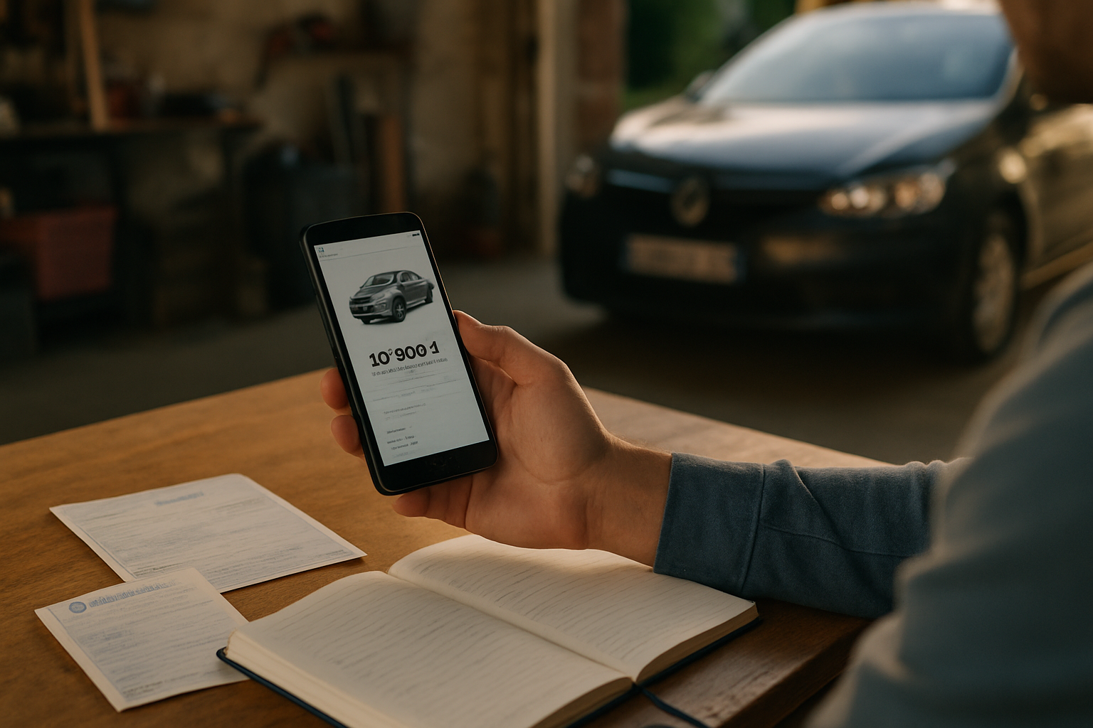 Personne consultant un prix sur un calculateur voiture sur un smartphone, avec documents d’entretien et carte grise posés sur la table