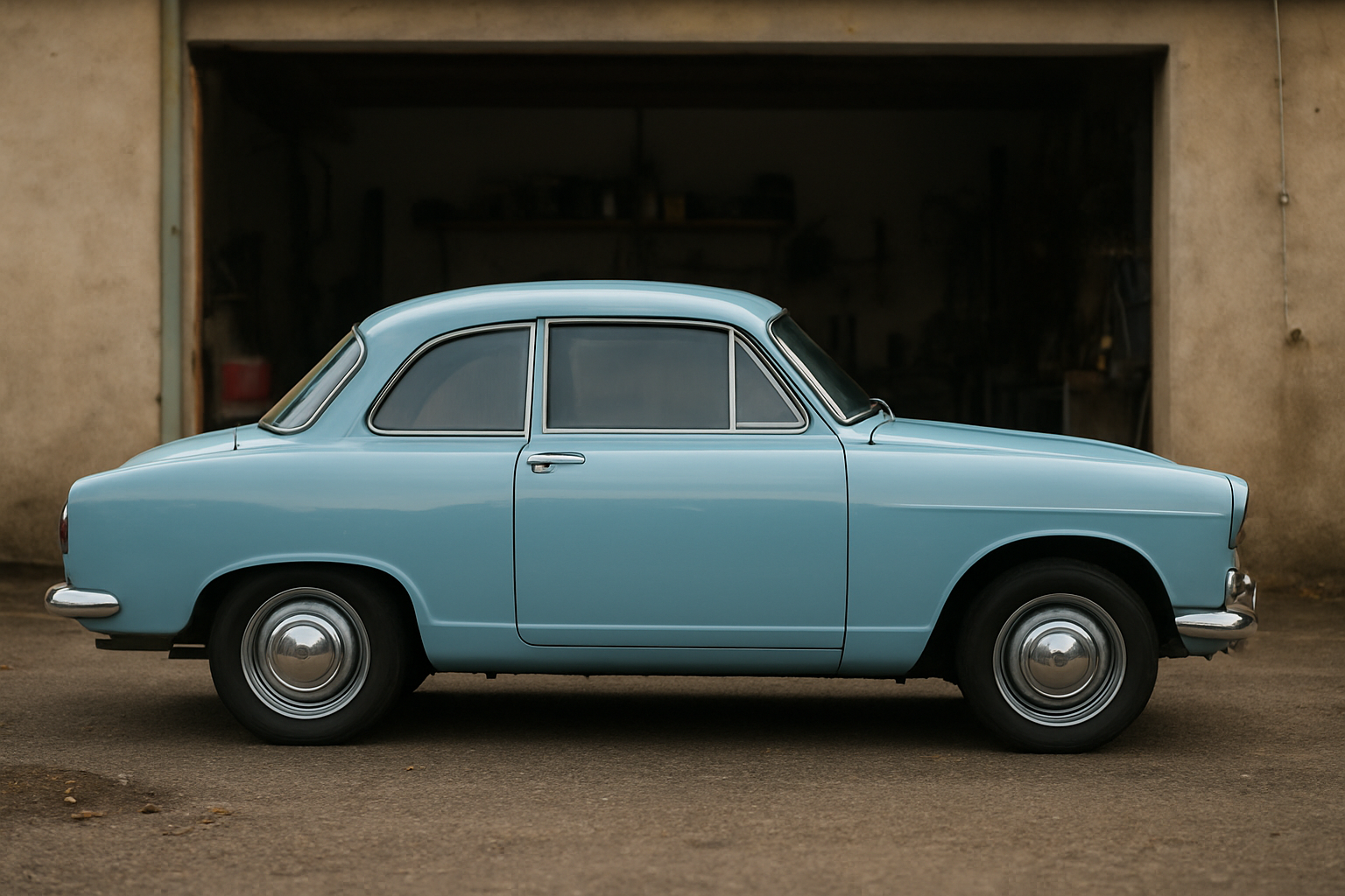 Profil d’une Simca Aronde coupe : pavillon et montants de vitres visibles sous la lumière du matin