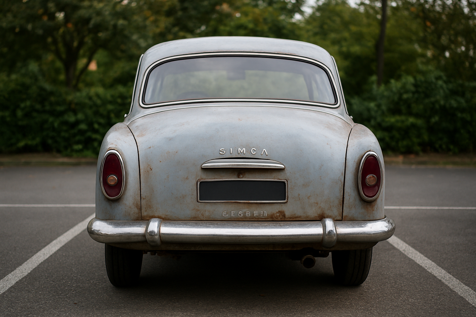 Vue arrière d’une Simca Aronde coupe : proportions et intégration des éléments de carrosserie