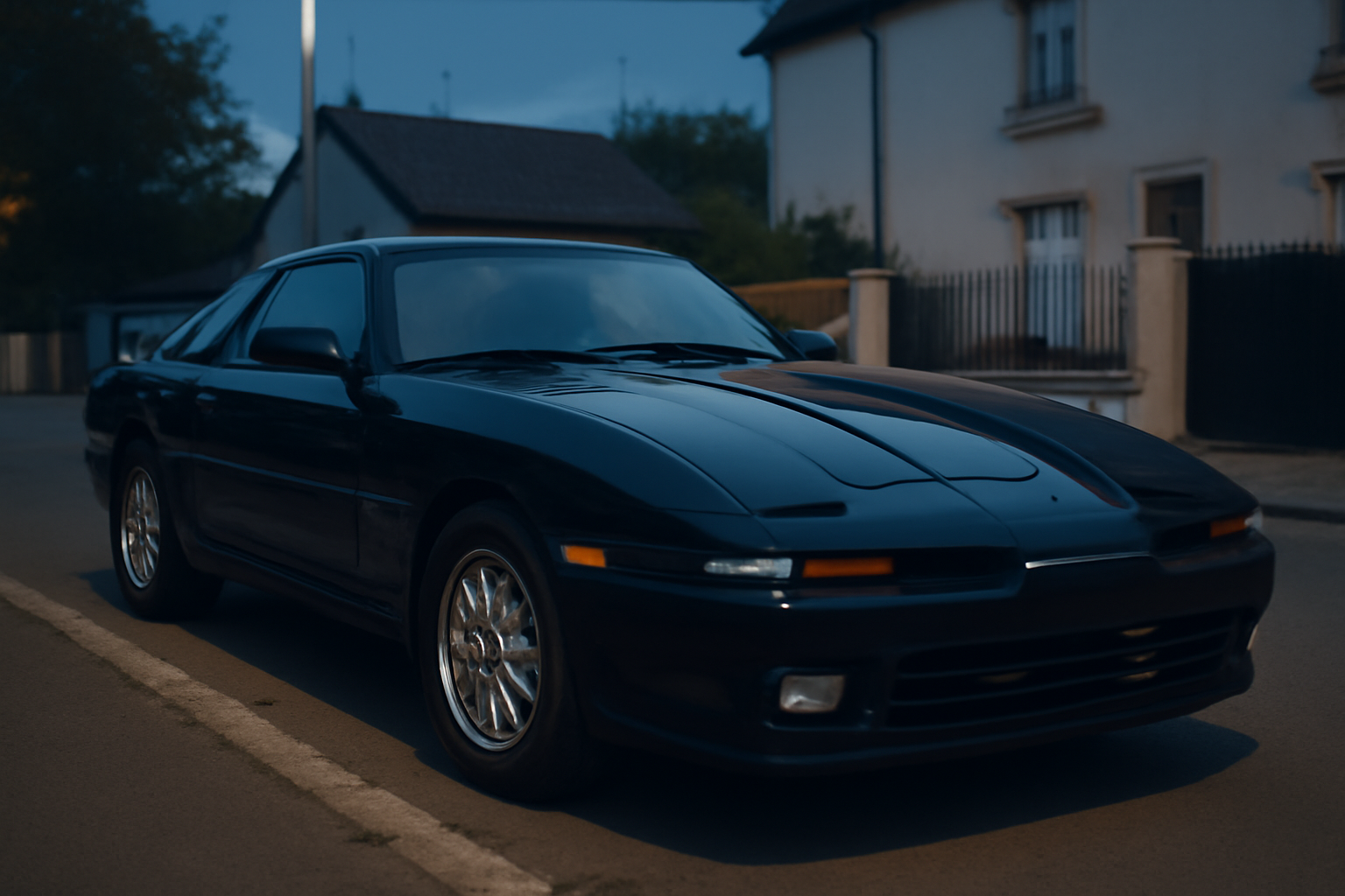 Une supra toyota mk3 garée de nuit dans une rue, capot fermé, lumière froide, détail des jantes et du dessous visible