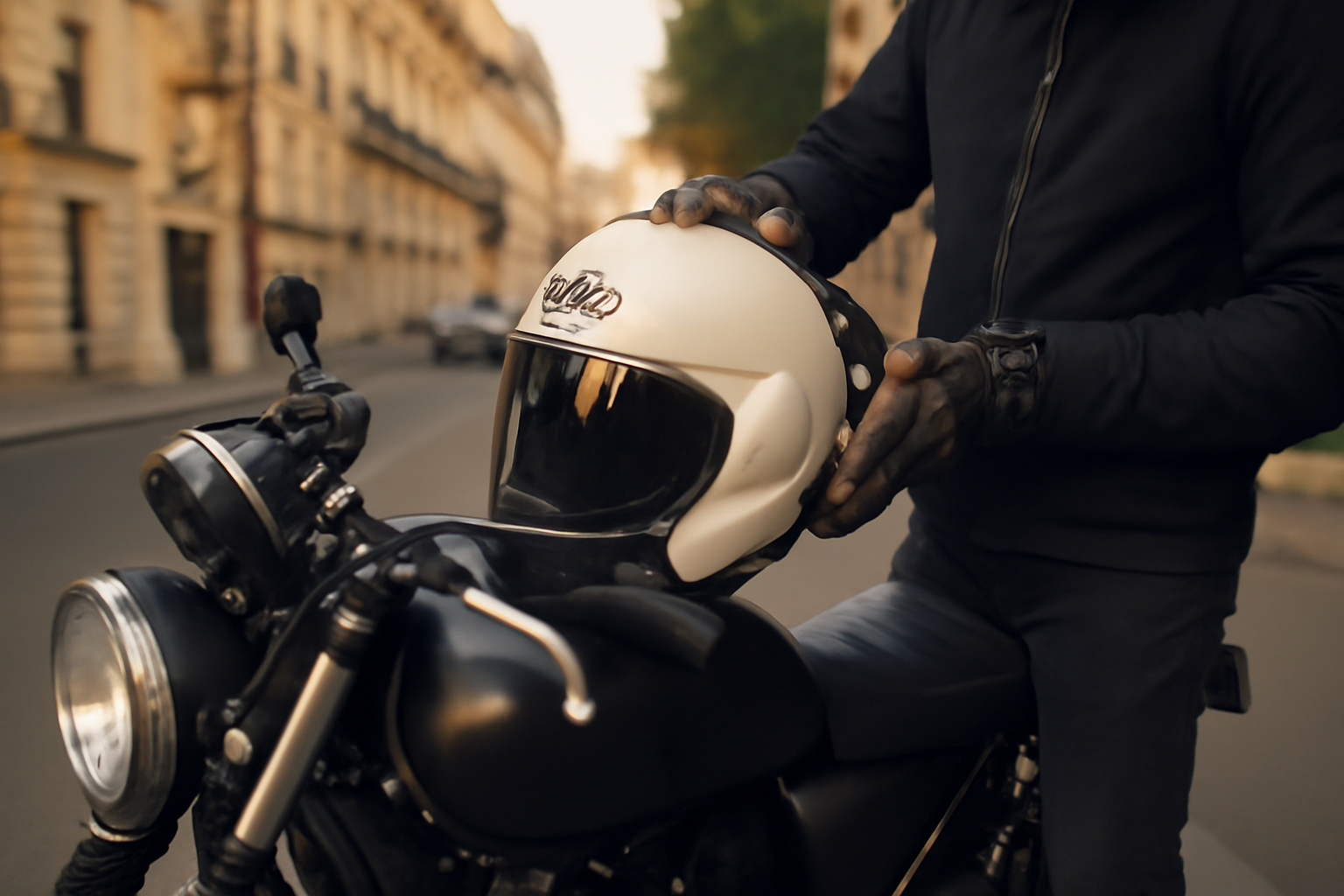 szr casque jet Arai SZ-R Evo sur moto en ville, lumière naturelle