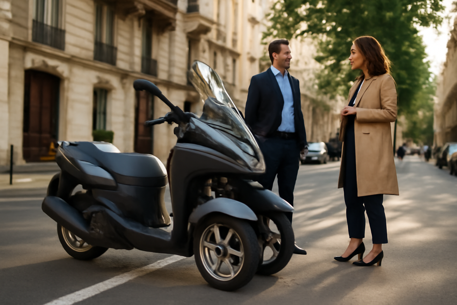 yamaha 3 roues Tricity garé en ville devant un parking, lumière de fin d’après-midi