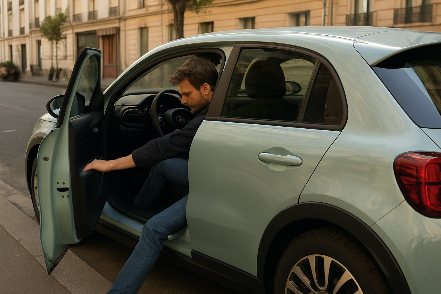 Fiat 600 hybride en ville, conducteur observe l’écran multimédia, lumière de fin d’après-midi