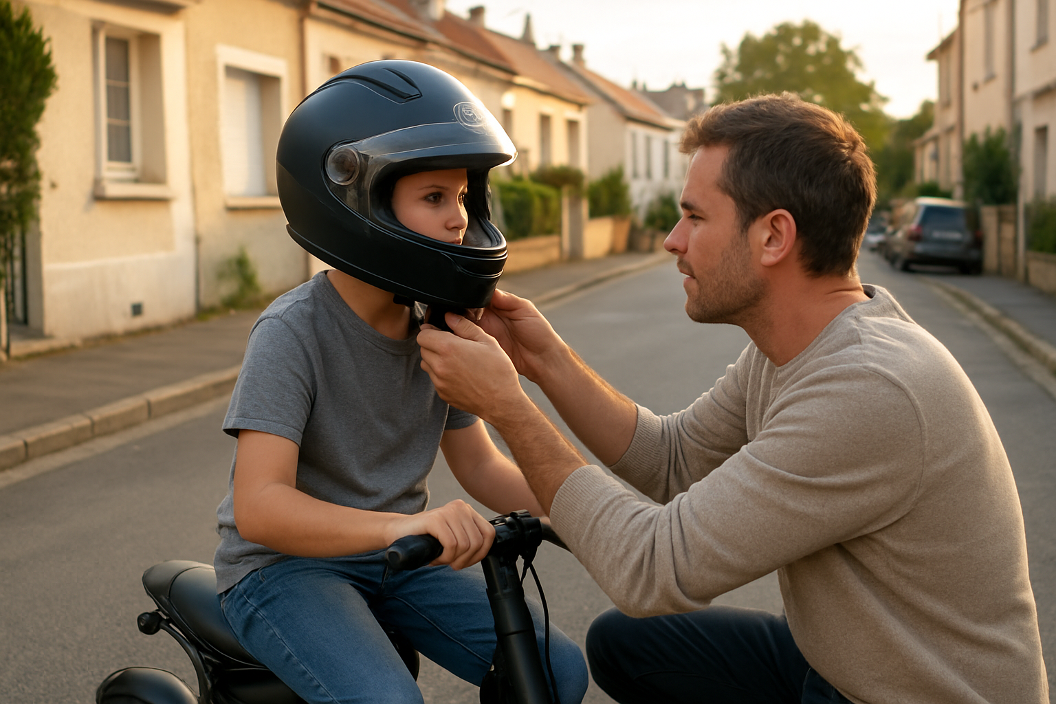 Enfant en casque moto enfant intégral homologué ECE 22.06 près d’un scooter, lumière naturelle