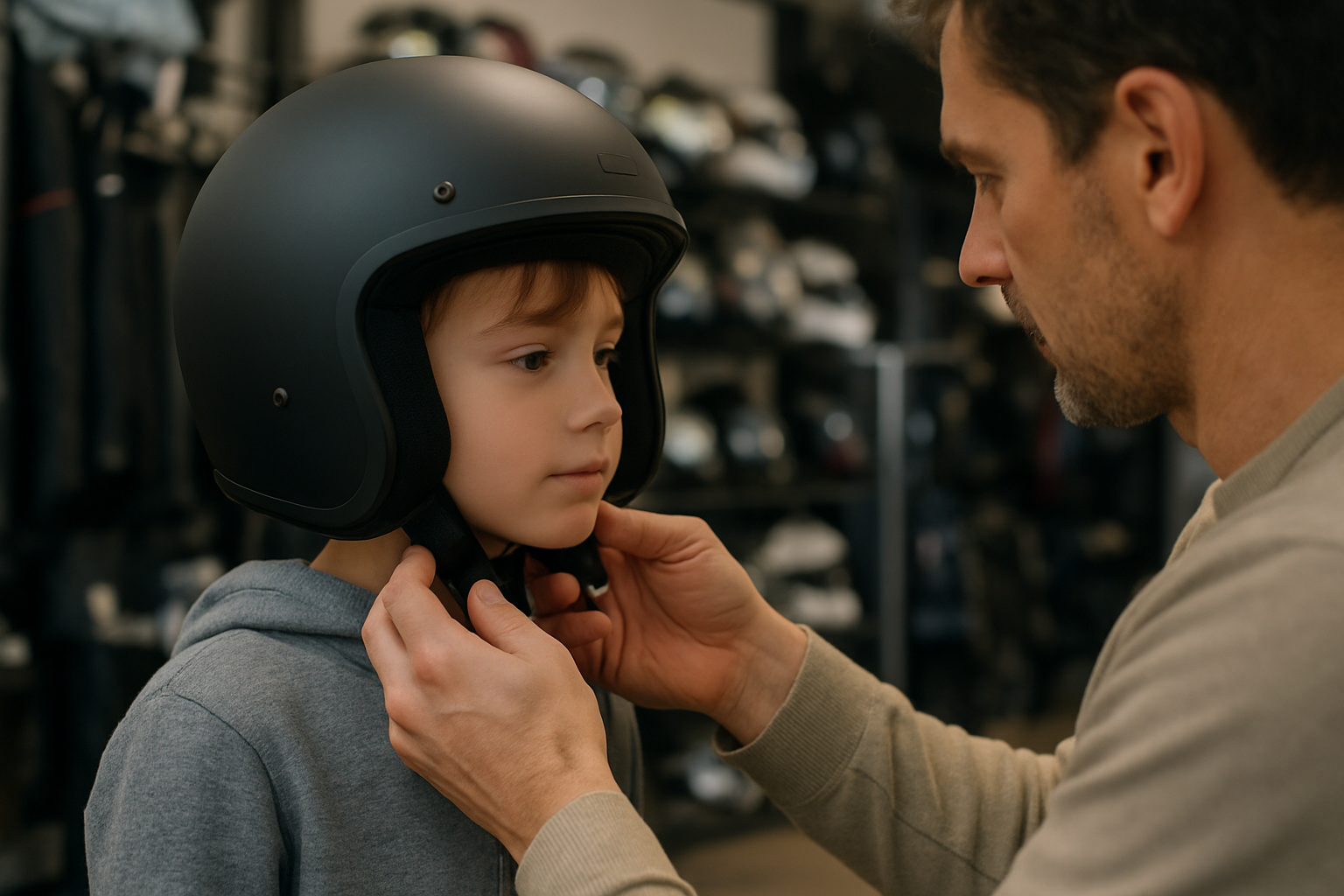 Mise en place d’un casque moto enfant : vérification du calage des mousses et de la jugulaire