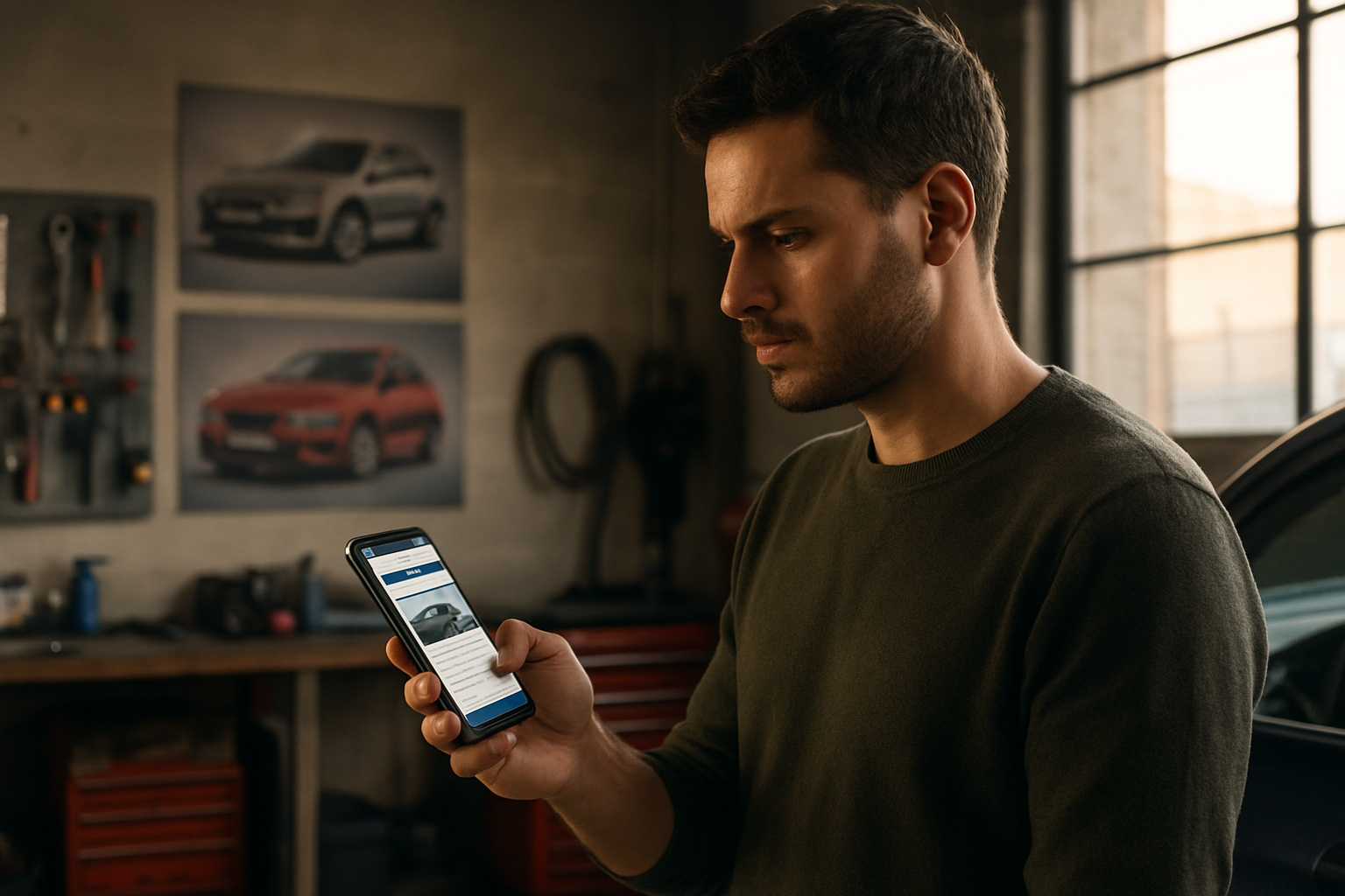 Une personne consulte un site automobile sur smartphone près d’un garage, pour repérer les rubriques du « Garage magazine »