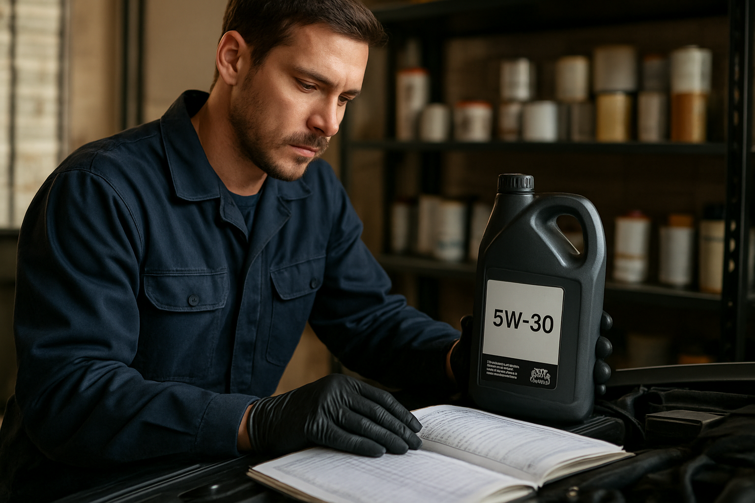 Bouteille d’huile 5W30 et étiquette ACEA/API près du carnet d’entretien dans un garage