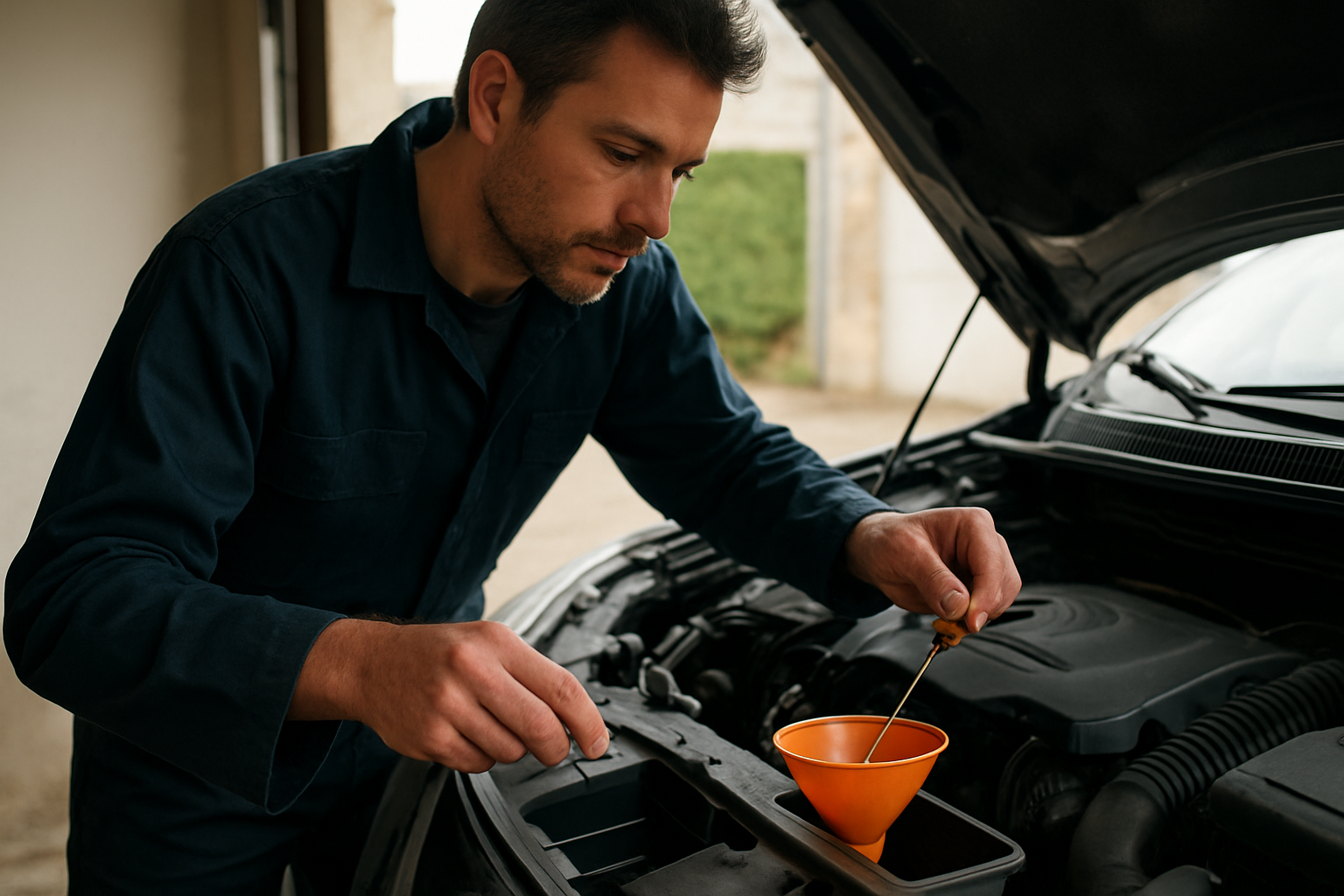 Contrôle du niveau d’huile moteur après vidange avec jauge et entonnoir dans un garage