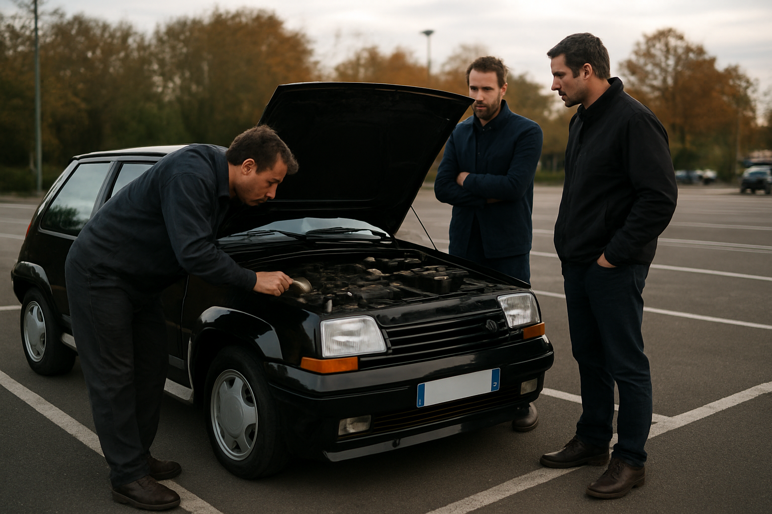 Renault Supercinq GT Turbo d’occasion inspectée sur le parking, capot ouvert, lumière de fin d’après-midi