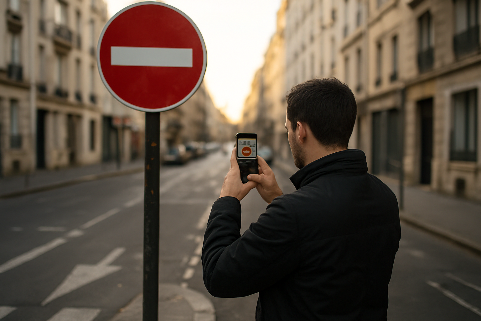 Photo réaliste d’un panneau de sens interdit et de marquages au sol sur une voie urbaine française, avec un conducteur prenant des clichés près du carrefour