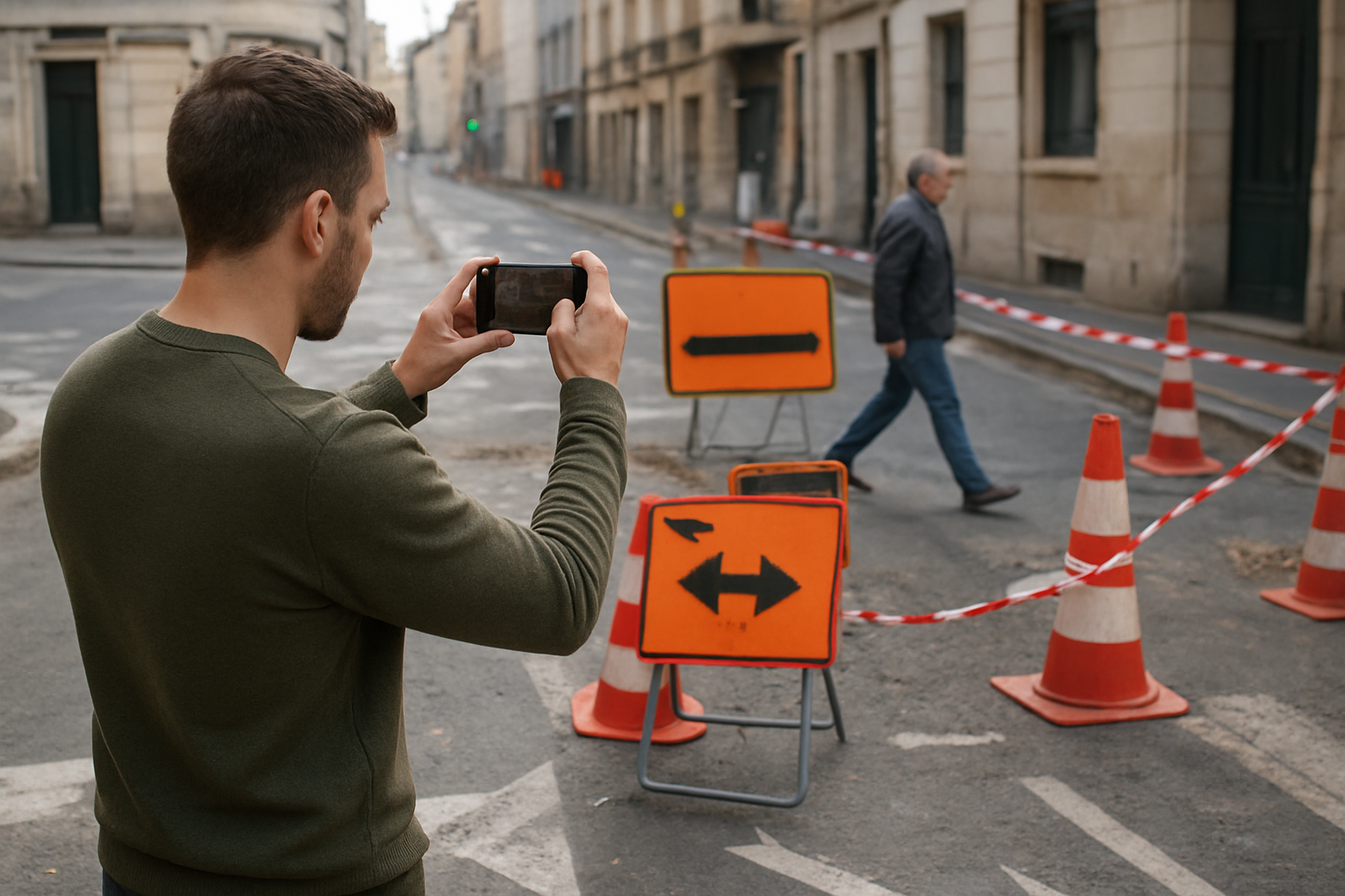 Conducteur photographiant des panneaux temporaires de travaux à une intersection en France, avec marquages au sol visibles