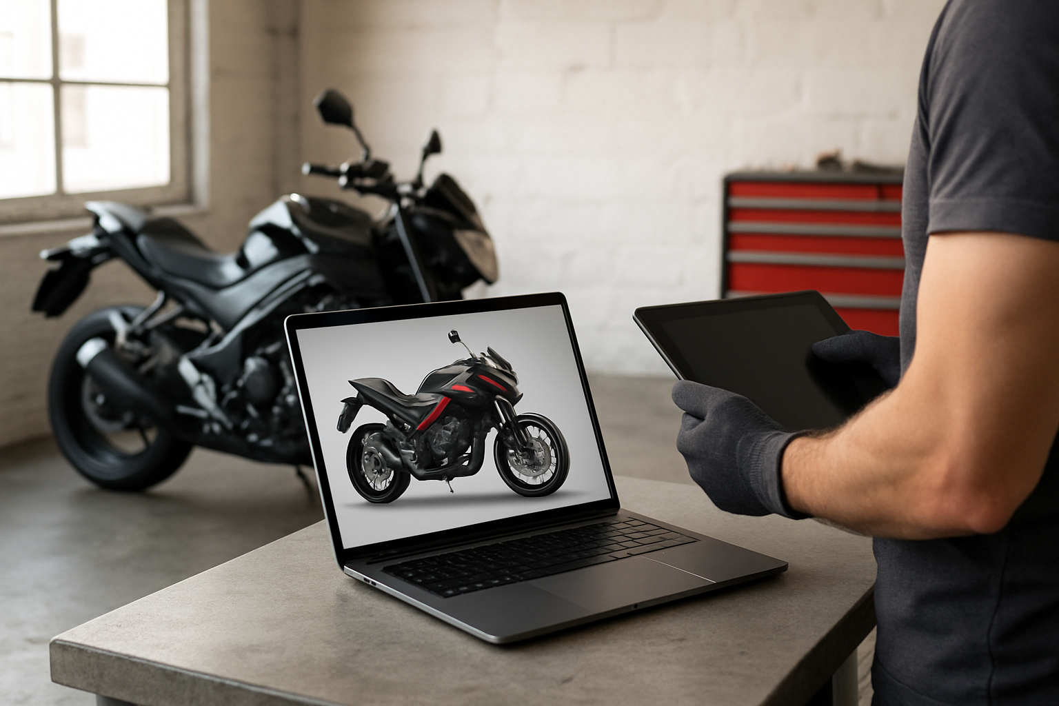 Simulation covering moto sur une moto noire, affichage 3D réaliste des finitions mat et brillant