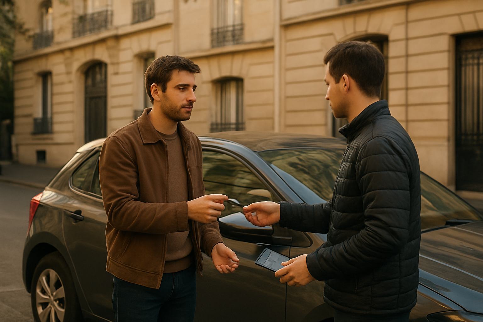 Voiture de location Turo devant un point de retrait en France, avec un conducteur et un smartphone affichant l’annonce